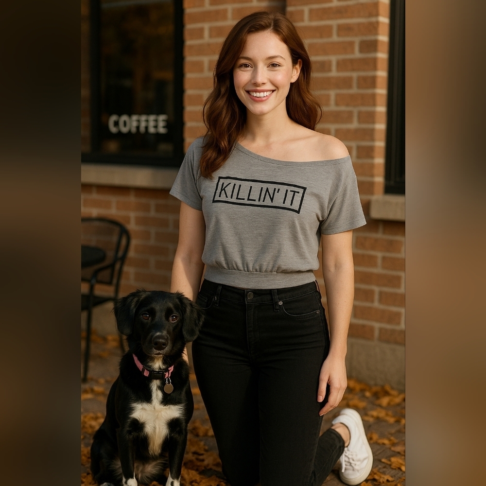 1X Torrid "Killin’ It” Gray Off-Shoulder Graphic Semi Crop Tee Casual